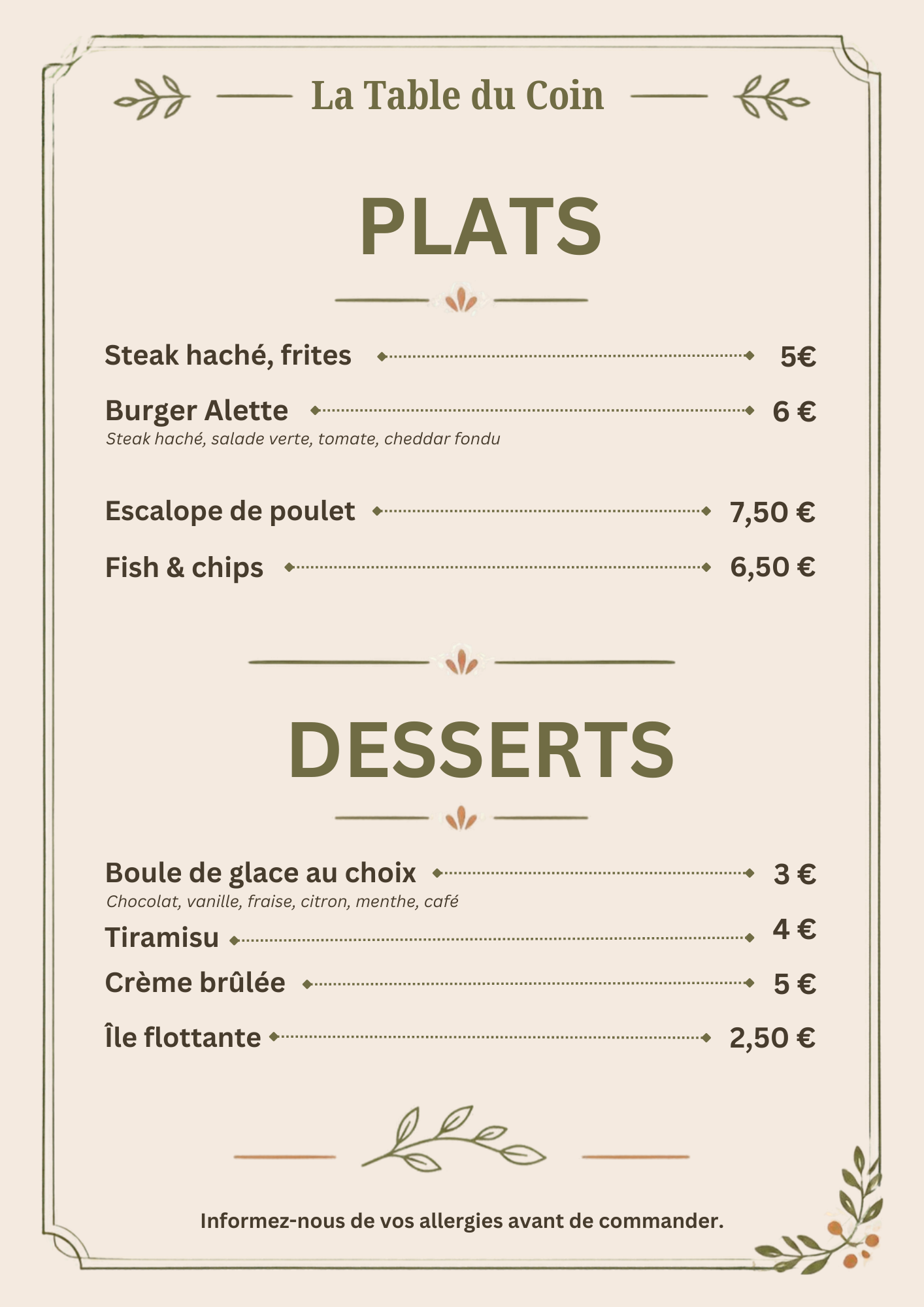 Deuxième menu de restaurant